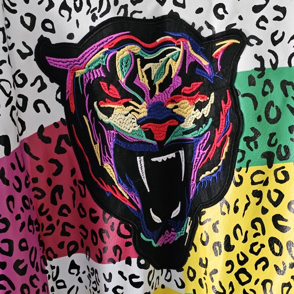 Azalea Wang Patchwork Moto Jacket Studded Graphic Leopard 1X - Picture 4 of 9